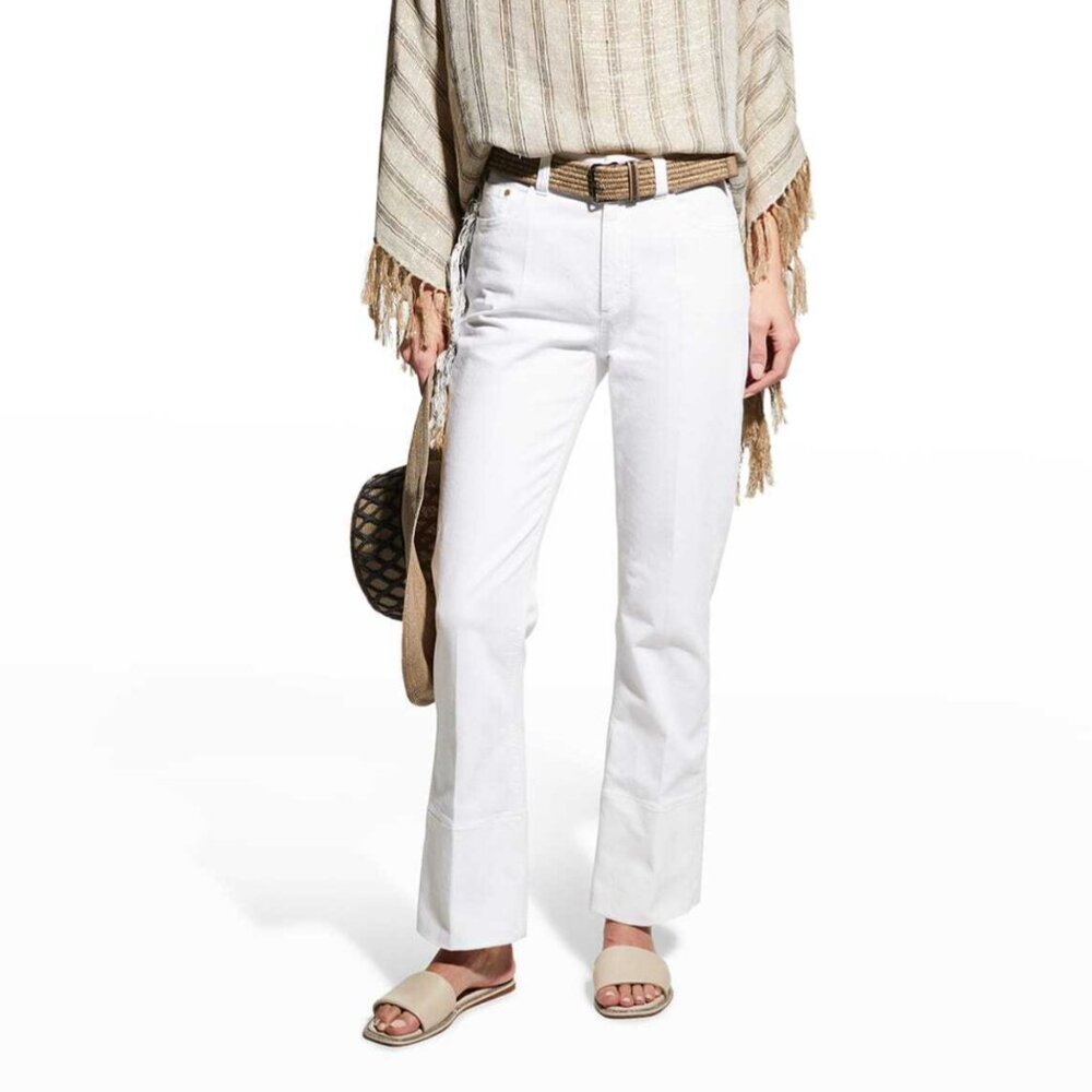 Brunello Cucinelli Monili Jeans White Denim Barrel Cuff Kick Flare Size 8